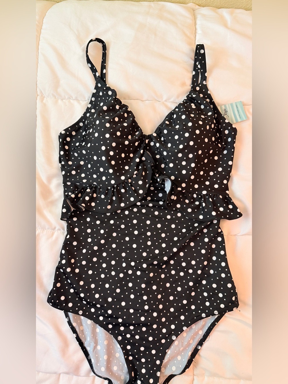 Black and White Polka Dot Ruffled One-Piece Swimsuit